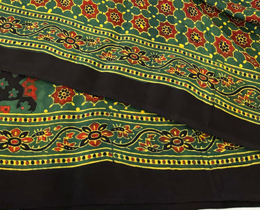 Ajrakh hand block printed modal silk saree | Dark Green | Ships from California